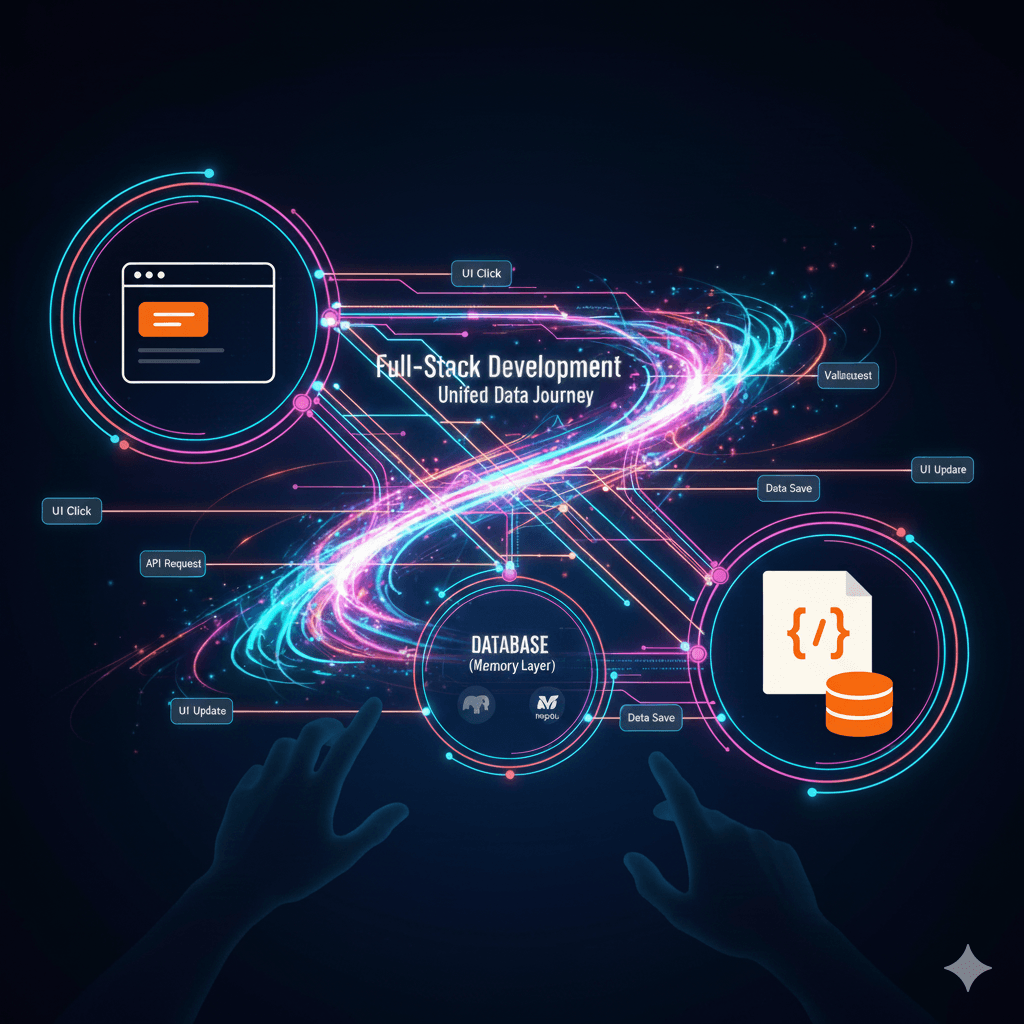 Graphic of a connection between the front end and back end with the words full stack development