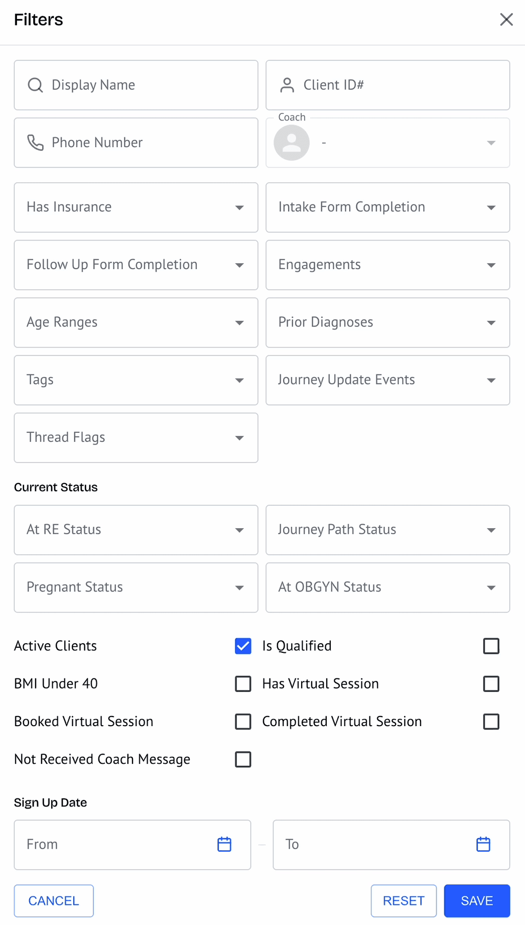 Screenshot of the client filters to filter clients by selected parameters