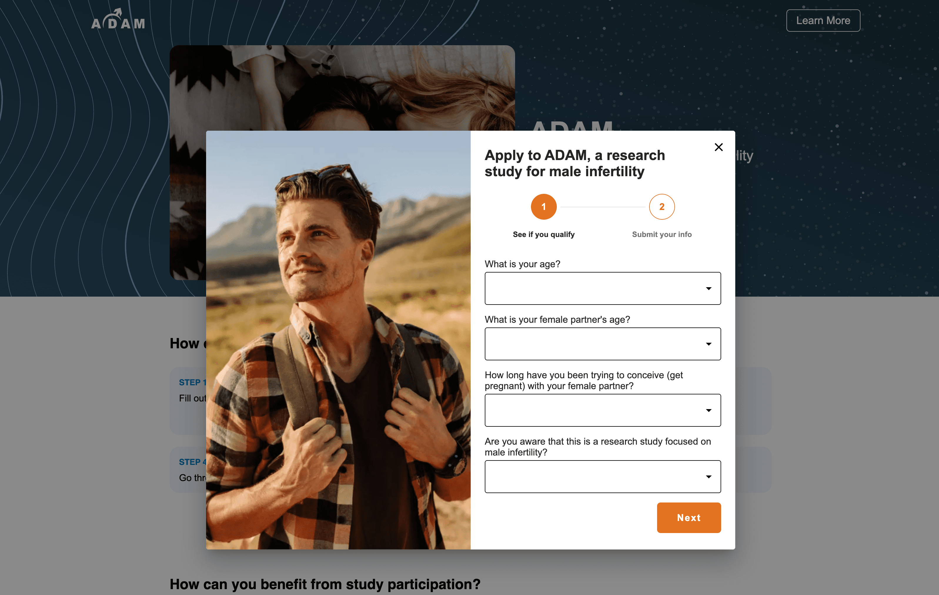Step Form Modal, asking application qualification questions on male infertility