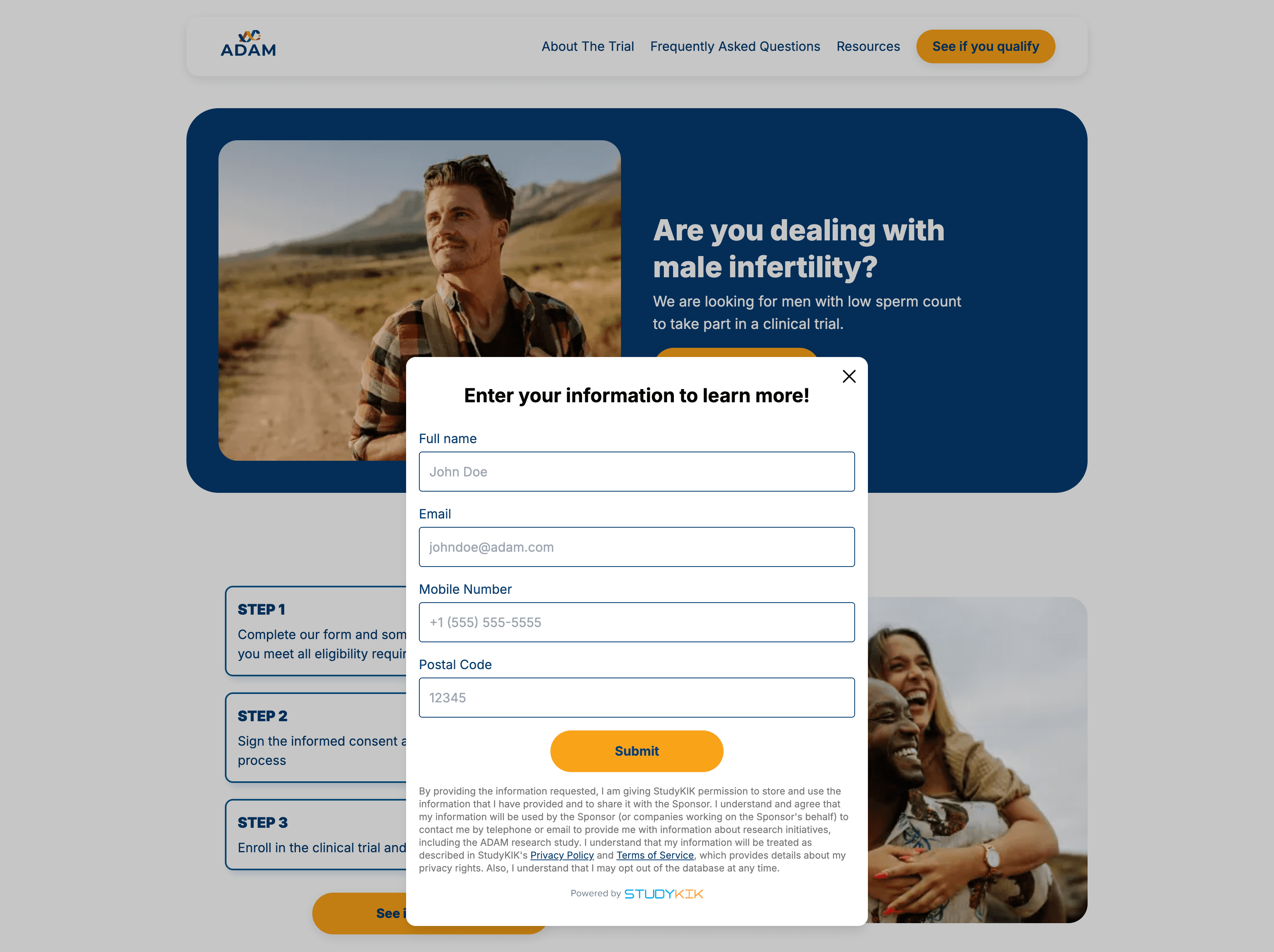 Form Modal - Screenshot of the Adam Clinical Trial Application Qualification Form