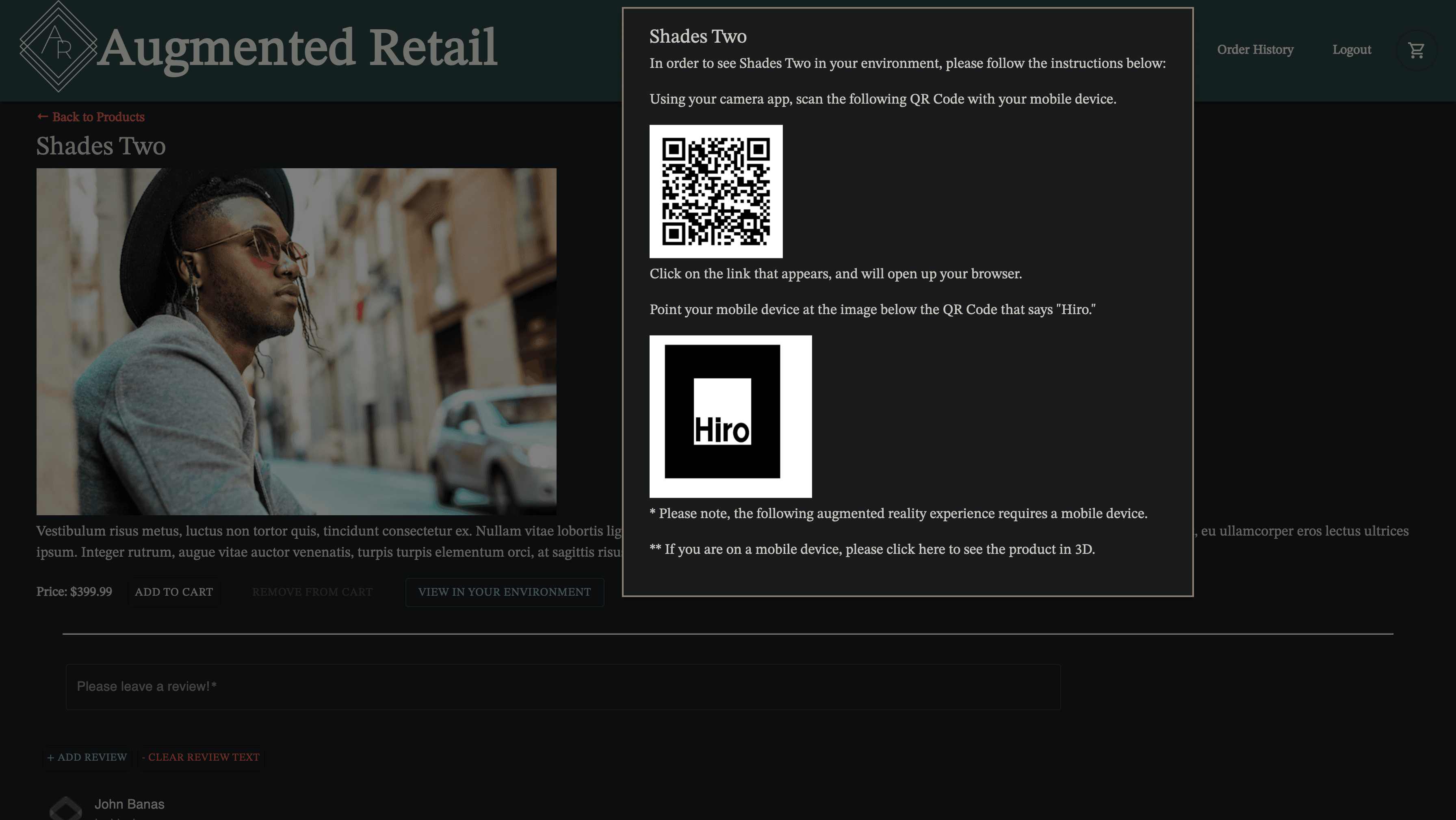 Augmented Retail website view products in environment modal