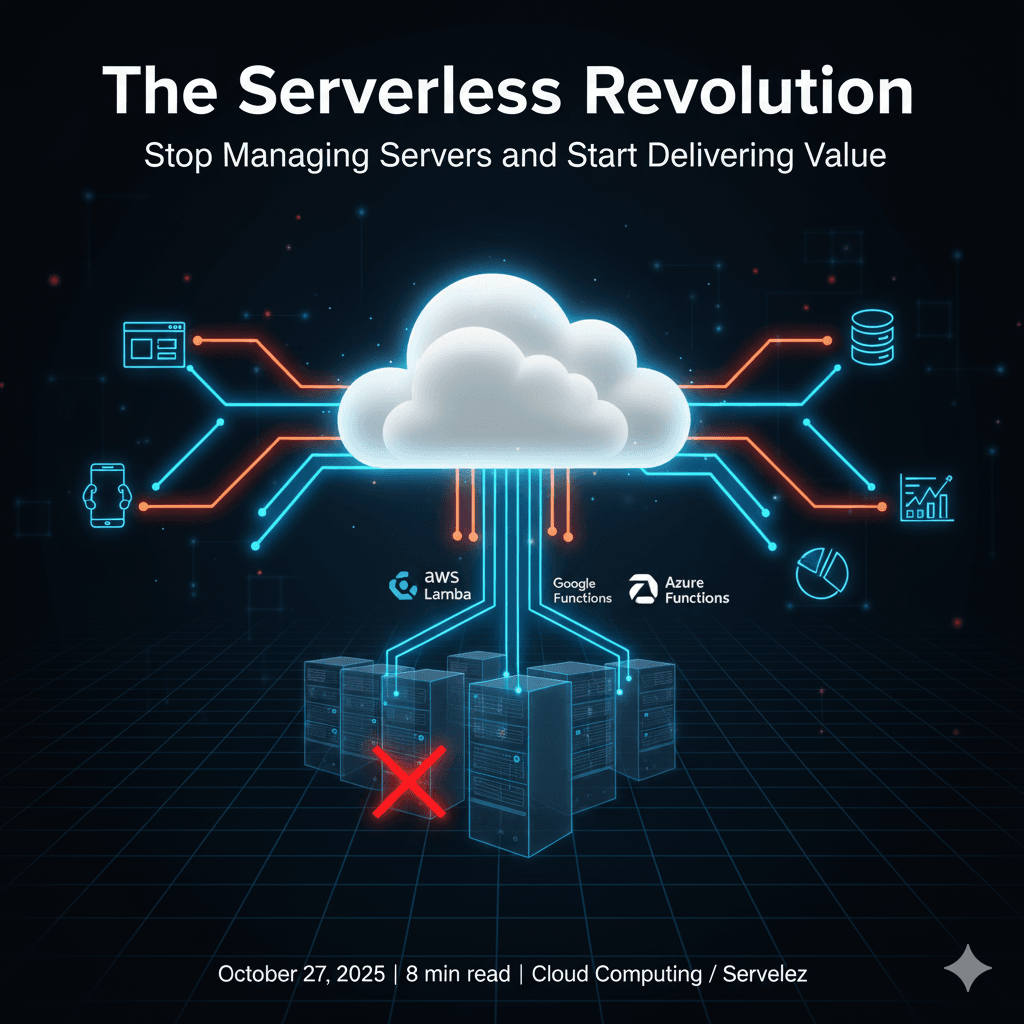 Graphic of a cloud with data lines tapping into servers below and what looks to be lighting branching out to different microservices and it reads the serverless revolution 