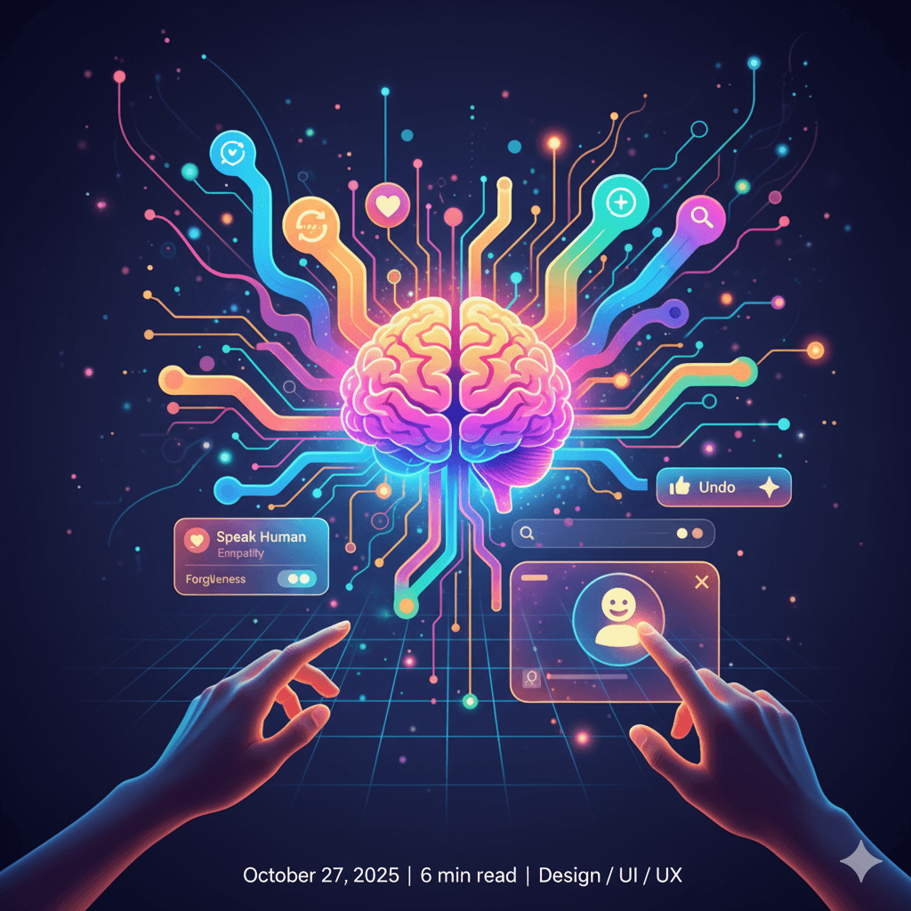 A graphic designed color illustration hands tapping on floating cards with a brain in the center