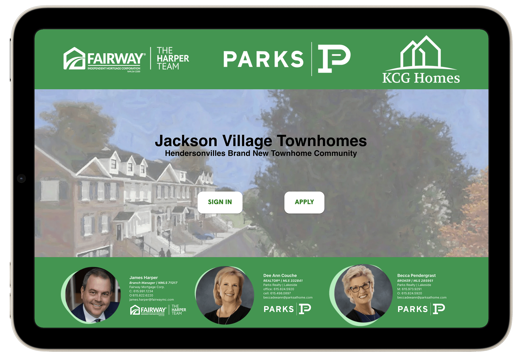 Fairway ipad showing a landing page to sign in or apply