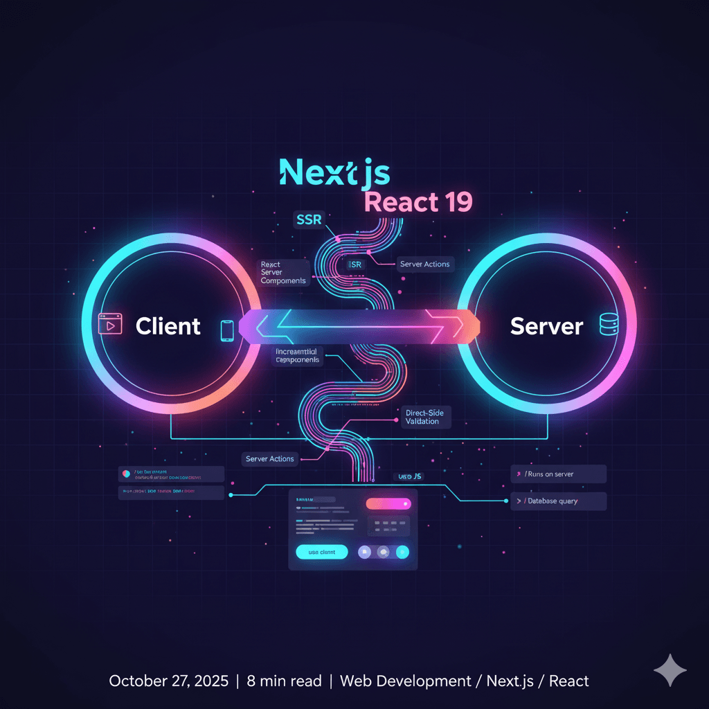 Graphically designed and illustrated roadmap of a client and server connection in nextJS and react19