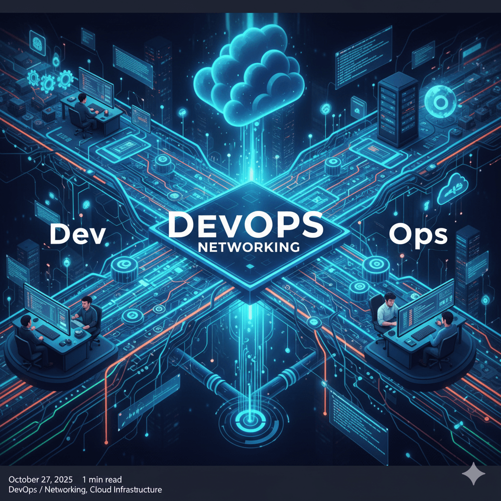 Illustrated image that was generated with nano banana that showcases how DevOps and networking work hand-in-hand to streamline software pipelines, improve reliability, and ensure secure, scalable communication across environments.