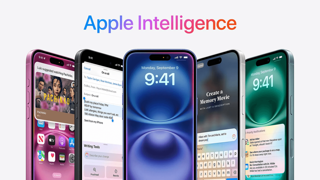 Apple Intelligence five phones on display showcasing users interaction with their OS