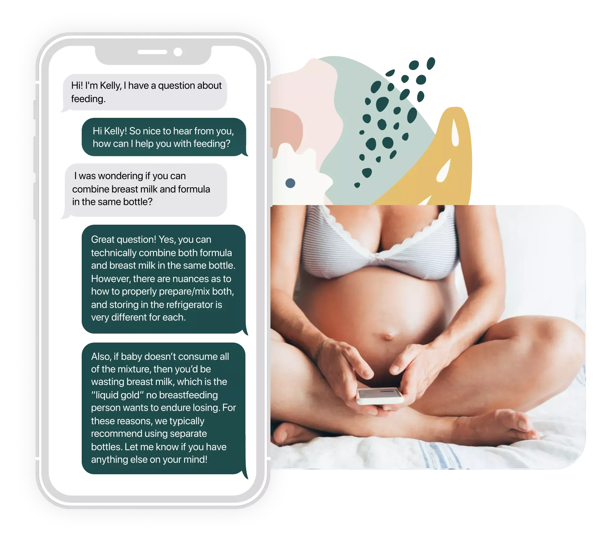 mobile phone text messages with an image of a pregnant woman texting and colorful graphic behind
