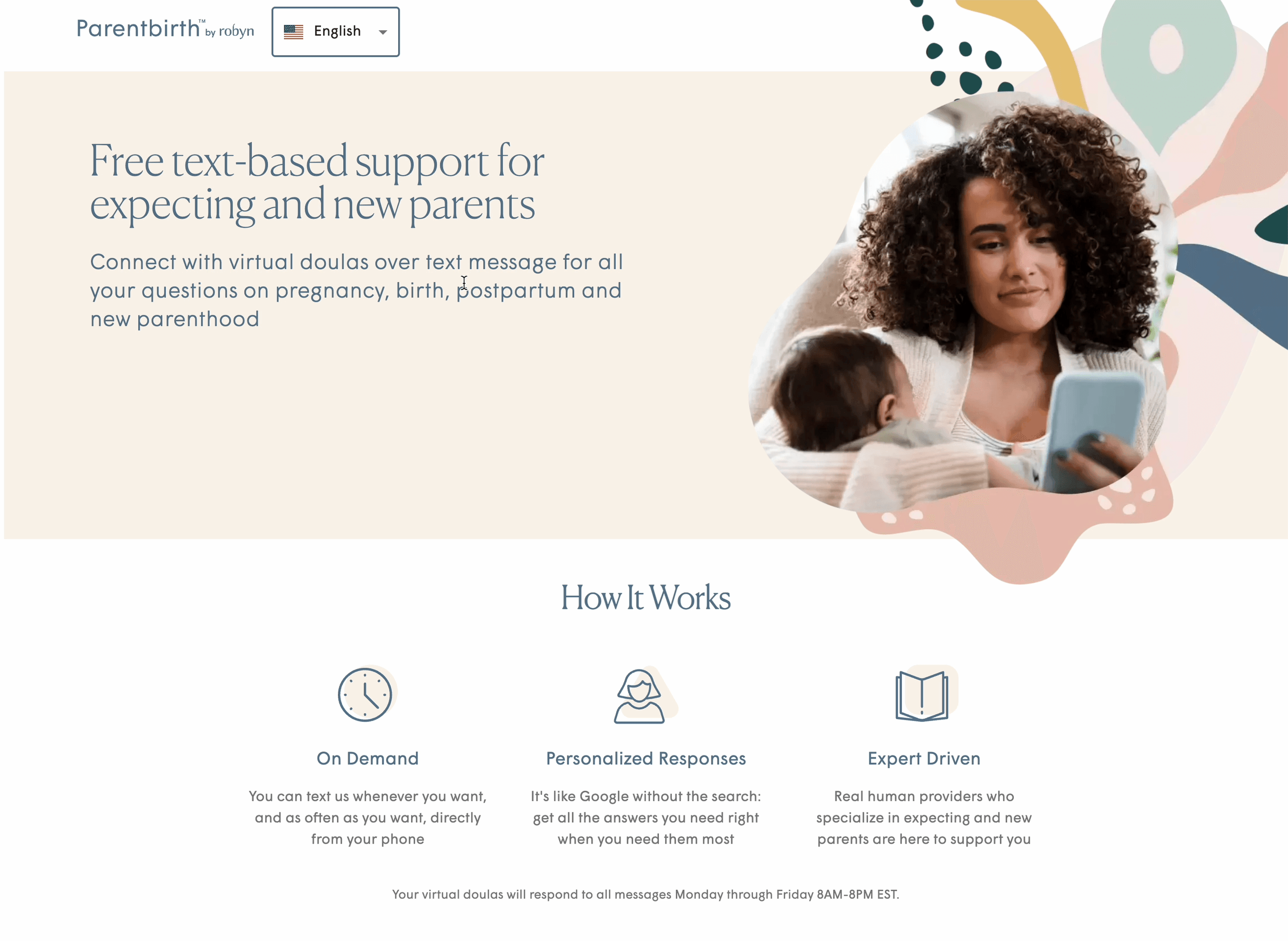 Parentbirth by Robyn website marketing free text-based support for expecting and new parents