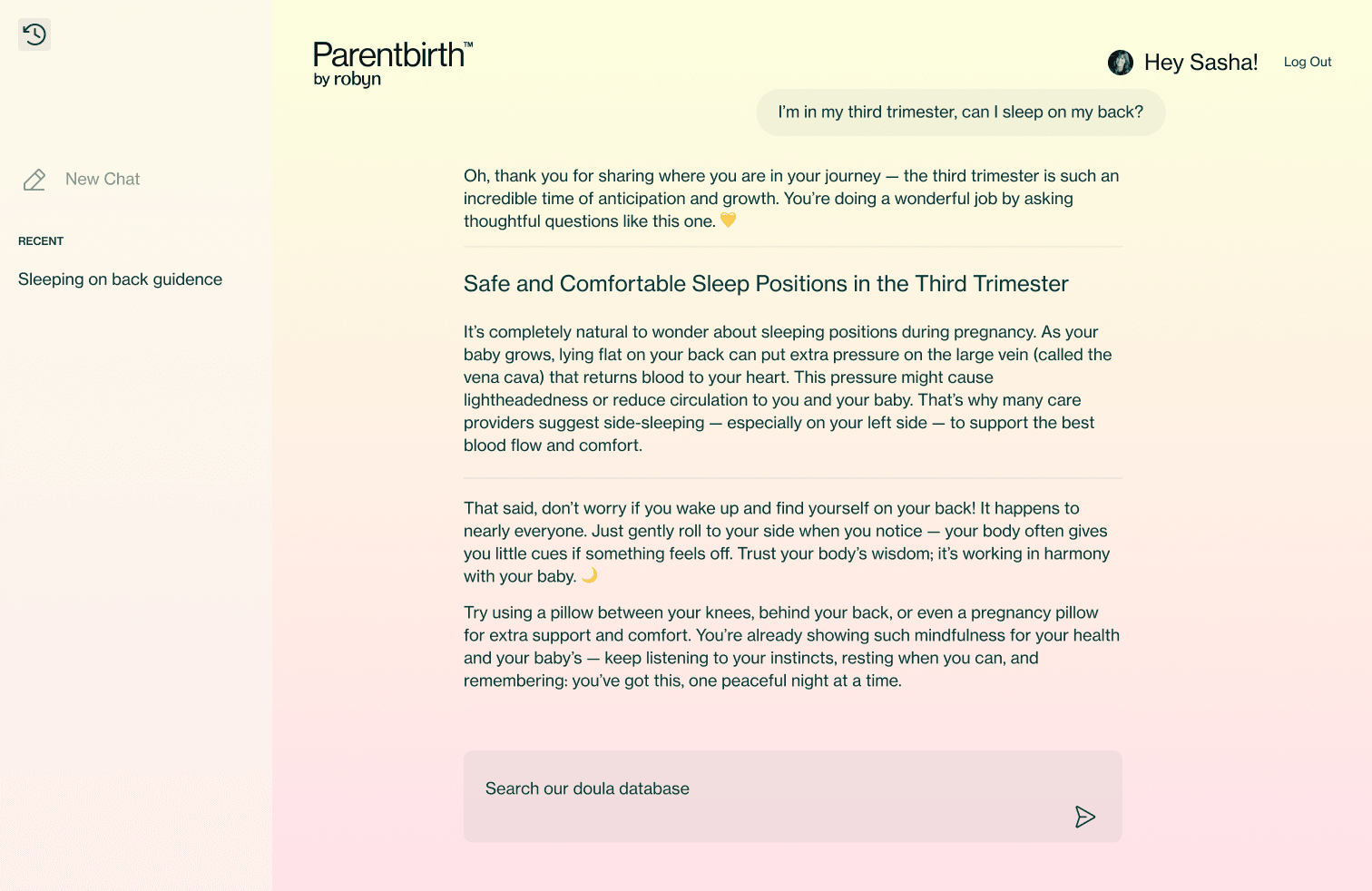 screenshot of the parentbirth AI web app dashboard - showing a conversation explaining the safety of sleeping on your back in your third trimester