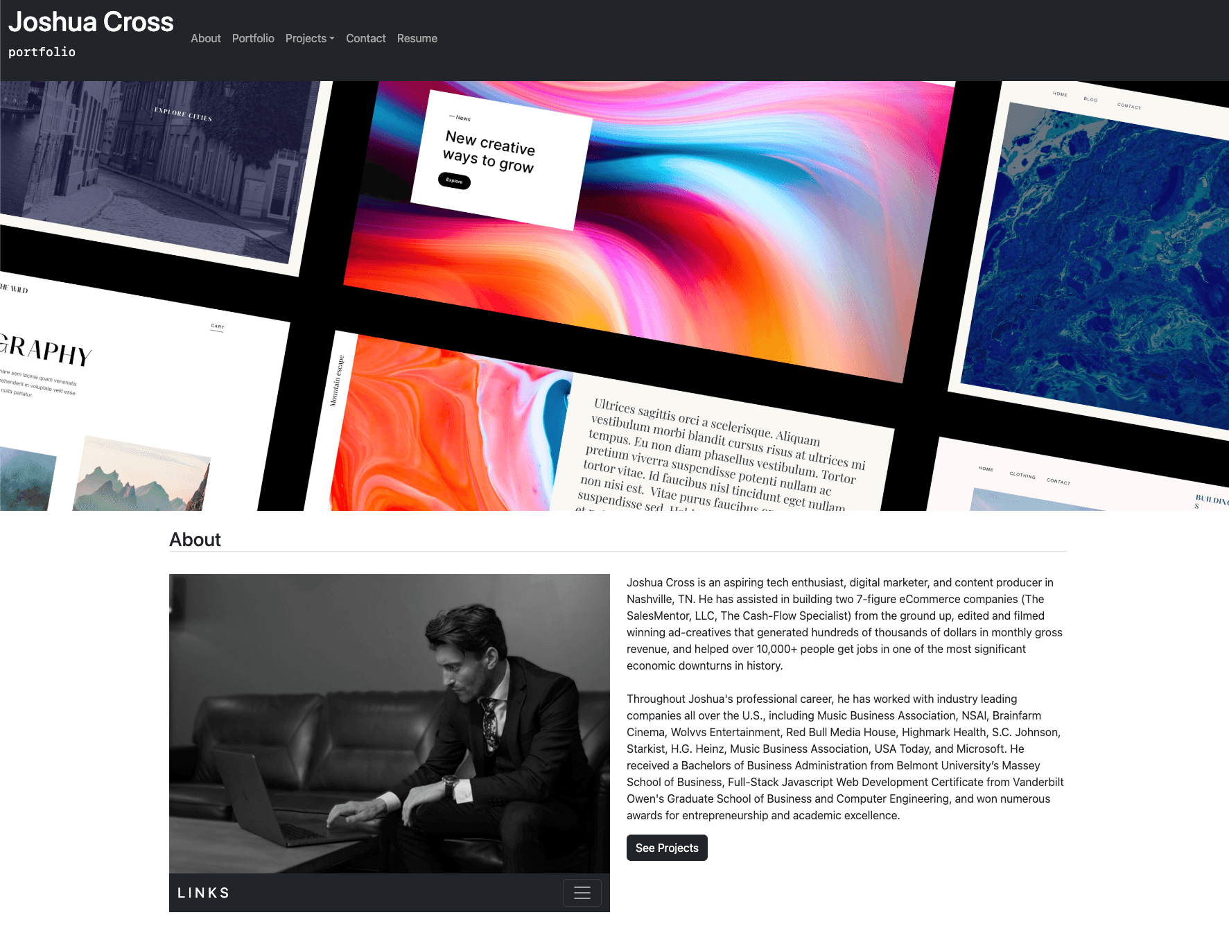 Screenshot of Joshua Cross' original portfolio