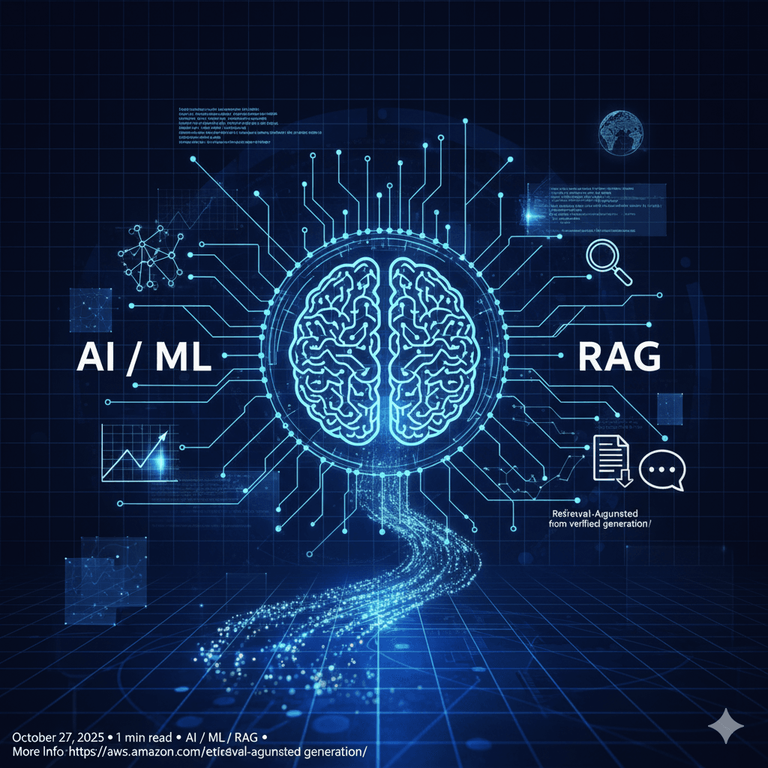 An elaborate graphic design with a brain in the center with the words AI/ML RAG