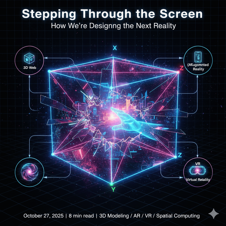 Graphic of a hand pressing through a three dimensional cube and it reads stepping through the screen, how we are designing the next reality