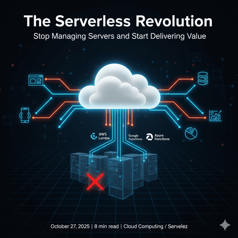Graphic of a cloud with data lines tapping into servers below and what looks to be lighting branching out to different microservices and it reads the serverless revolution 