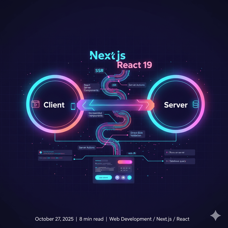Graphically designed and illustrated roadmap of a client and server connection in nextJS and react19
